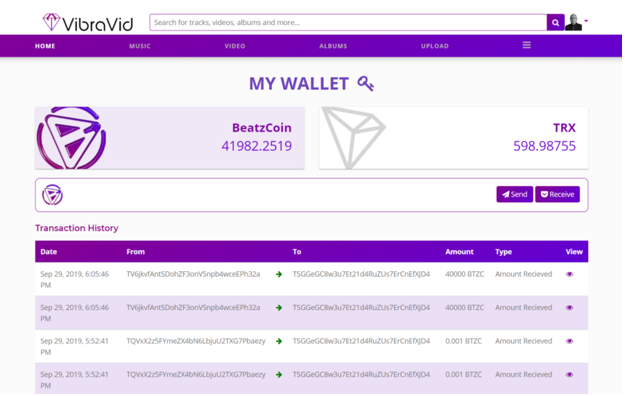 All VibraVid users have an auto-generated wallet that securely stores the user’s BTZC and TRX tokens